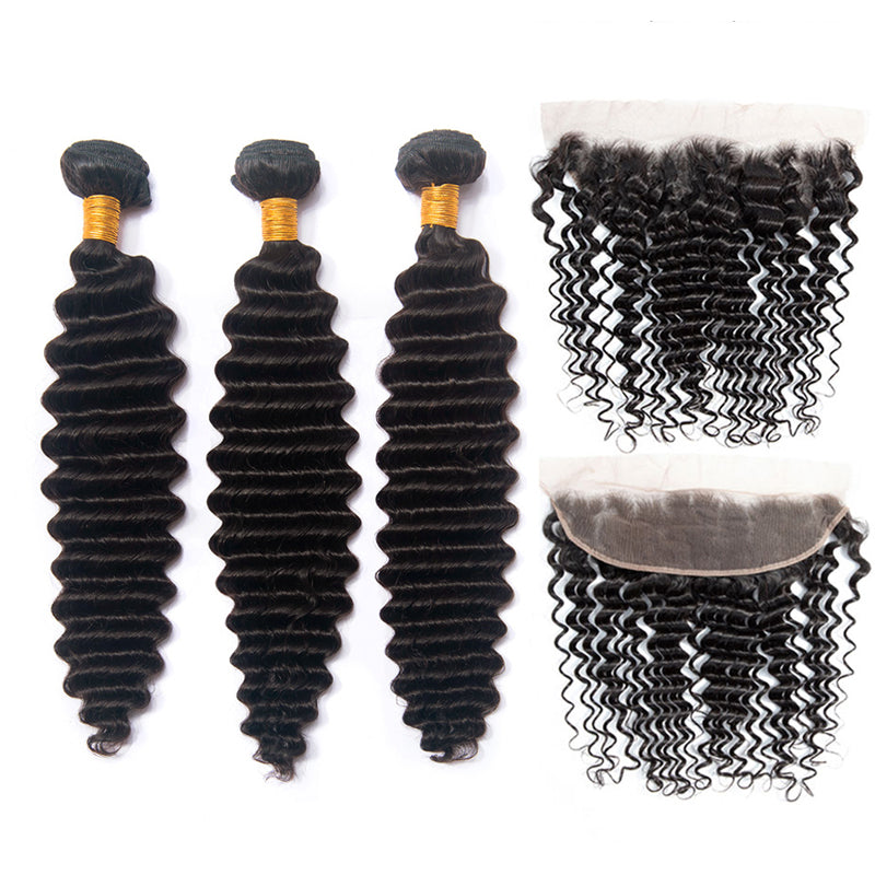 Deep Wave 3 Bundles With 13x4 lace Frontal Peruvian Hair - pegasuswholesale