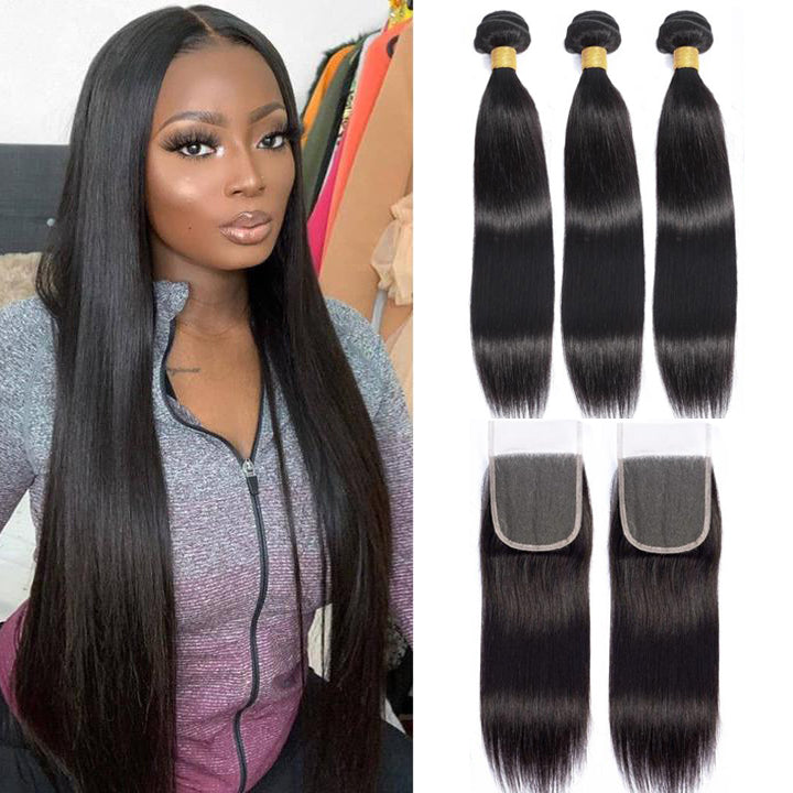 Straight HD Swiss Lace 4x4 Closure With 3 Bundles Brazilian Human Hair Weave【PWH2230】 - pegasuswholesale